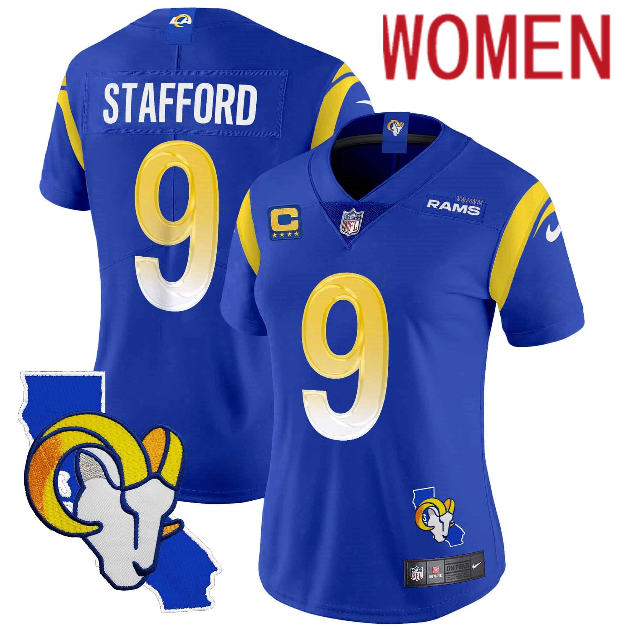 Women Los Angeles Rams #9 Stafford Blue 2024 Nike California Patch Vapor Limited NFL Jersey style 1